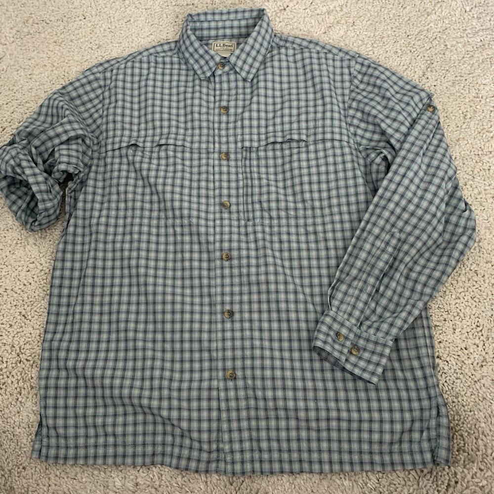 LL Bean Shirt Mens Medium Roll-Up Sleeve 100% Nylon Plaid Pockets Lightweight